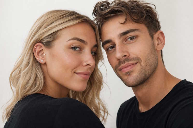 Attraktives Paar mit verschiedenen Piercings – Helix, Tragus, Nasenpiercing und Labret aus Chirurgenstahl