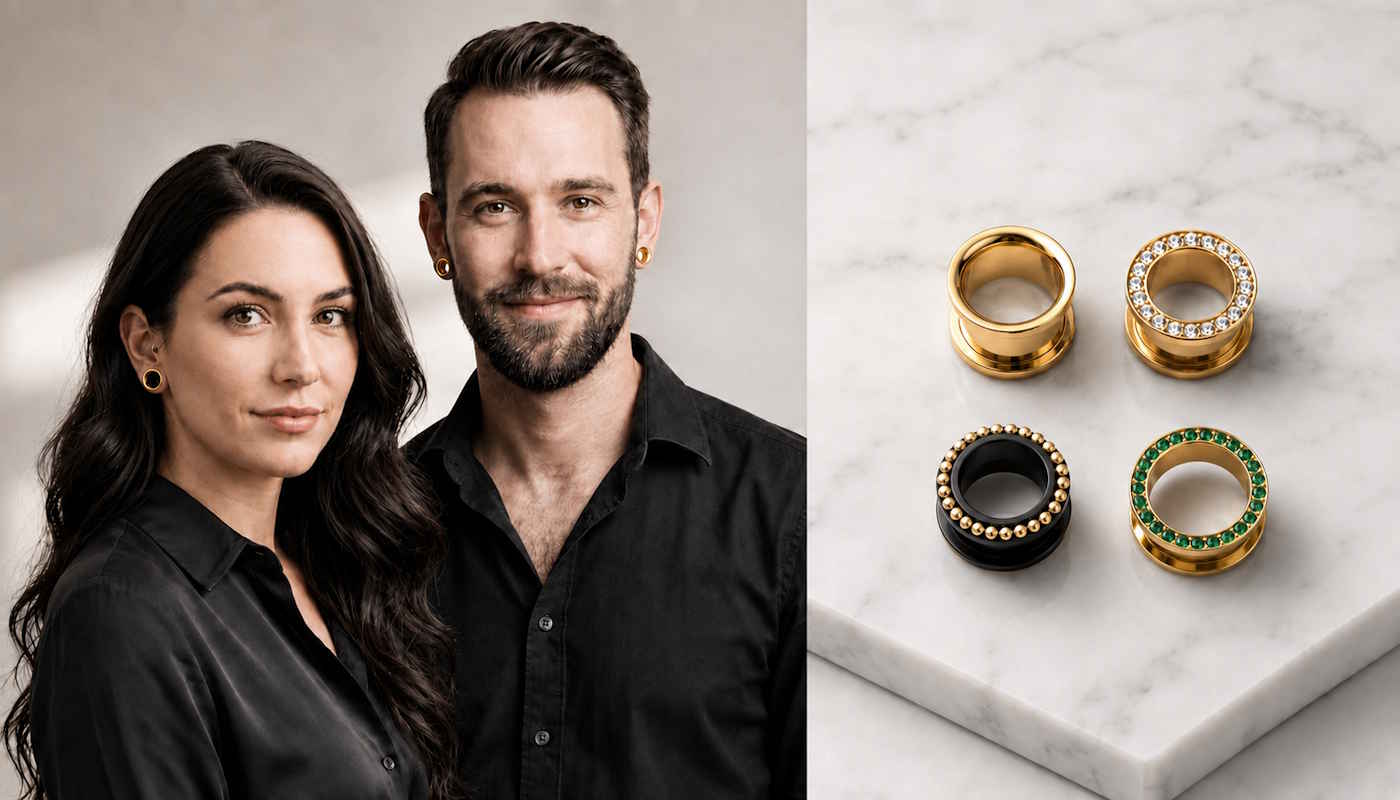 Mann und Frau mit goldenen Flesh Tunneln