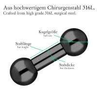 Piercing Stab - Stahl - Schwarz - 2.0mm bis 6.0mm [25.] - 4.0 x 8 mm (Kugeln: 8mm)