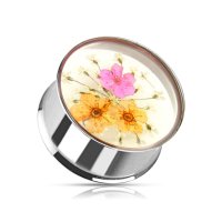 Ohr Plug - Silber - Getrocknete Blumen - Pink-Orange