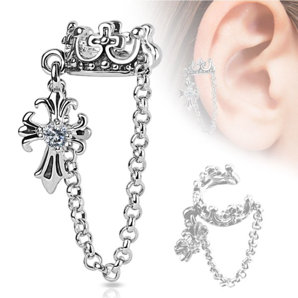 Ear Cuff - Silber - Krone - Kette - Kreuz