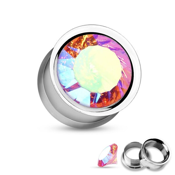 Kristall Plug - Double Flare - GEWINDE - Pink-Crystal 16 mm