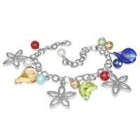 Armband - Silber - Blumen - Perlen - Bunt