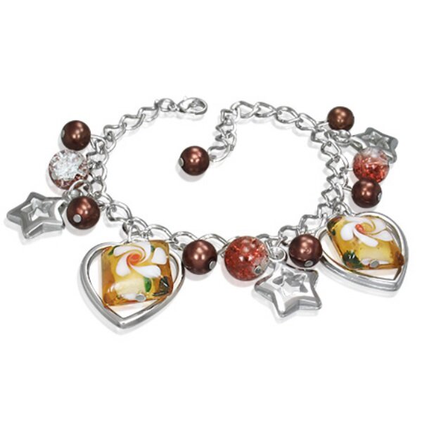 Armband - Silber - Herzen - Sterne - Perlen - Braun