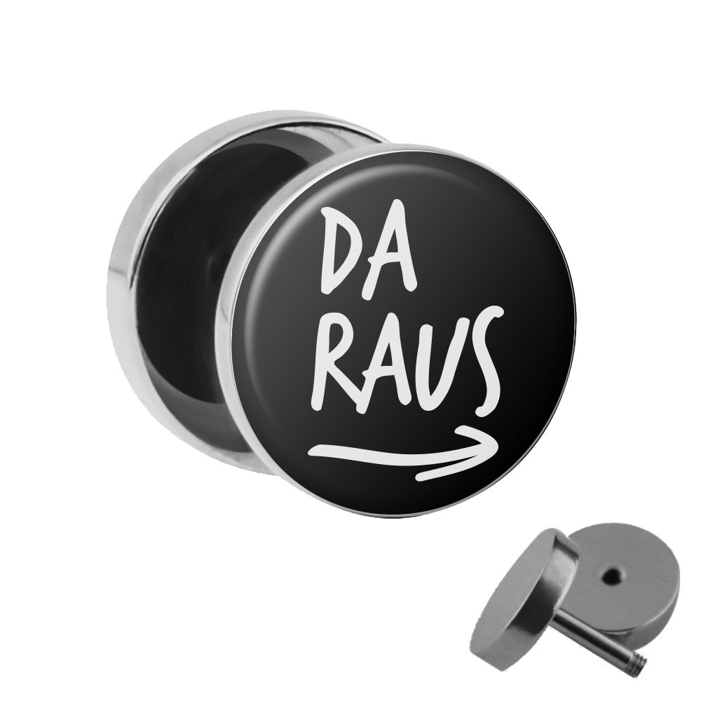 Fake-Plugs Ohrstecker Set - Hier REIN DA Raus 10mm Weiß-Schwarz