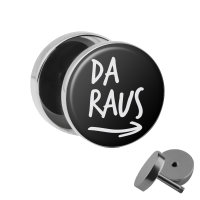 Hier Rein / Da Raus - Fake Plugs im Set | Lustige Spruch Ohrstecker zum Schrauben