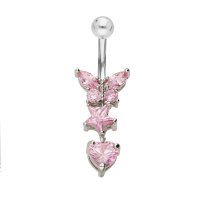 Piercing Banane - Stahl - Silber - 3 Kristall-Anhänger - Pink