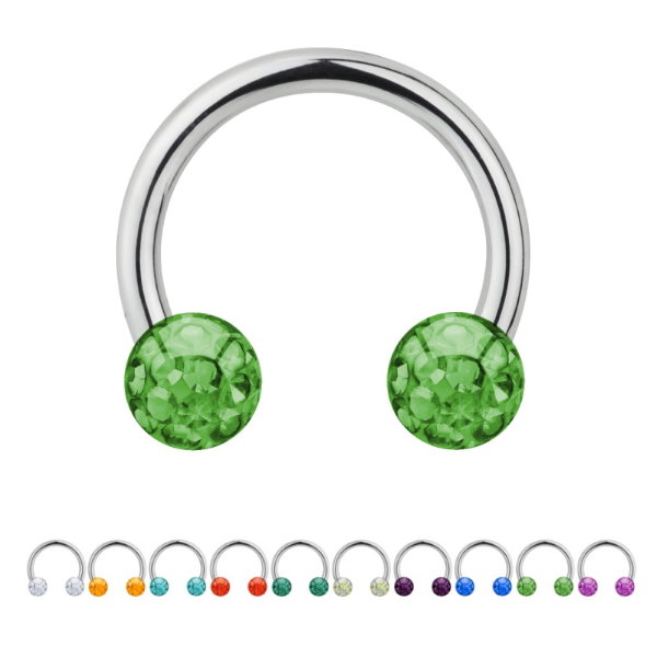 Piercing Hufeisen - Stahl - Silber - Multikristall - [159.] 1.2 x 12 mm (Kugeln: 4mm - hellgrün)