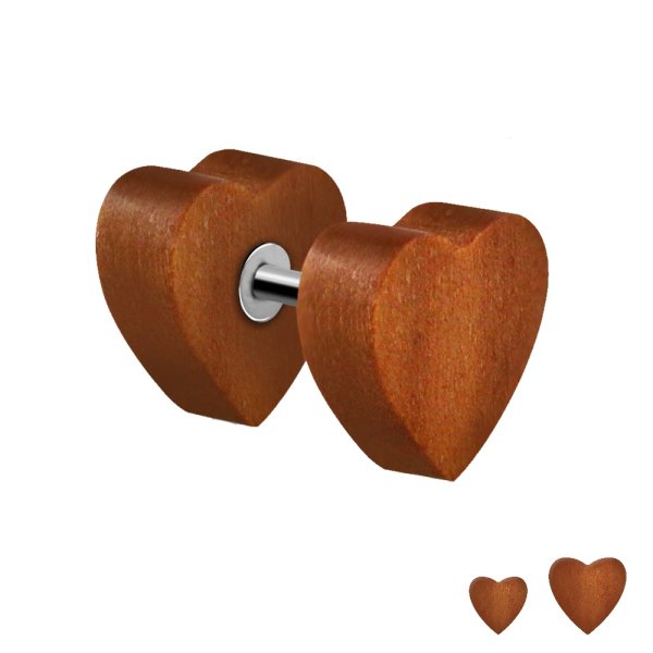 Brauner Fake Plug aus Holz mit Herz