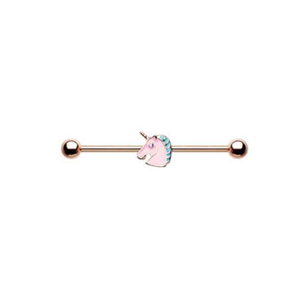 Rosegoldenes Industrial Piercing mit Einhorn