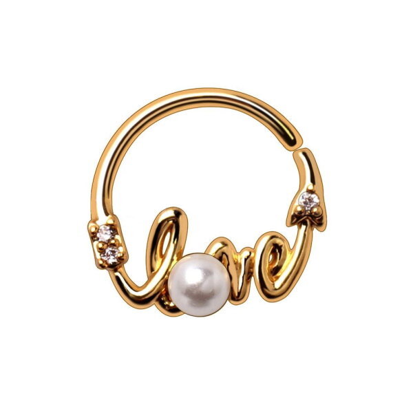 Goldener Continuous Piercing Ring mit Love und Perle