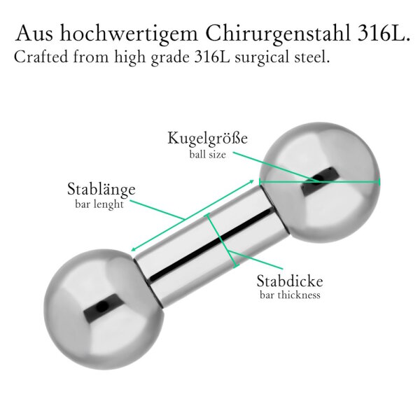 BARBELL Piercing Stab Silber DICK 48 Größen, 5,95