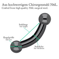 2.0mm bis 6.0mm Piercing Banane in Schwarz