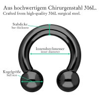 2.0mm bis 6.0mm Piercing Hufeisen in Schwarz